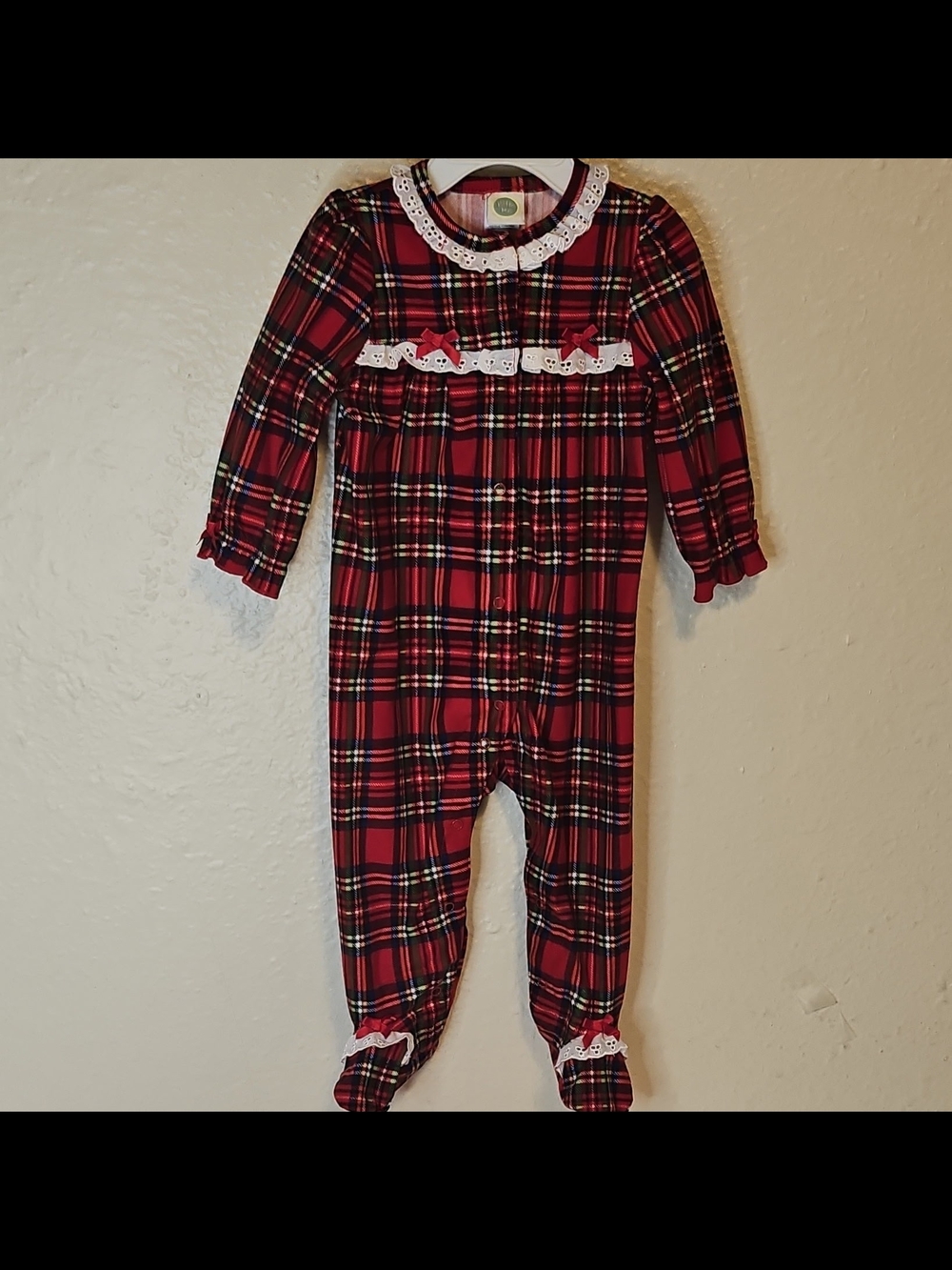 Little Me Girls 9M Plaid Flannel Cotton Footed One-Piece Sleeper Lace Bow